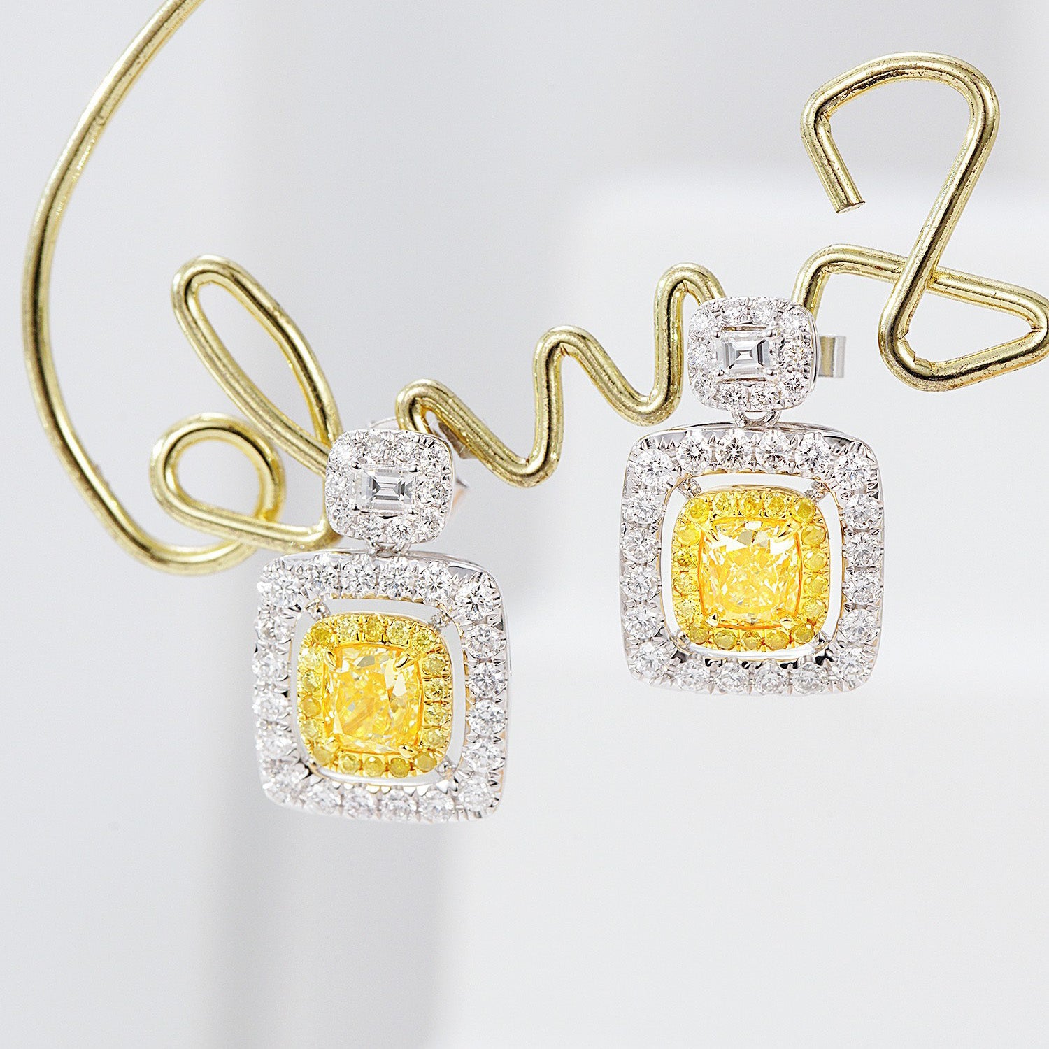 Cushion Cut Yellow Diamond Drop Earrings in White Gold -Front View