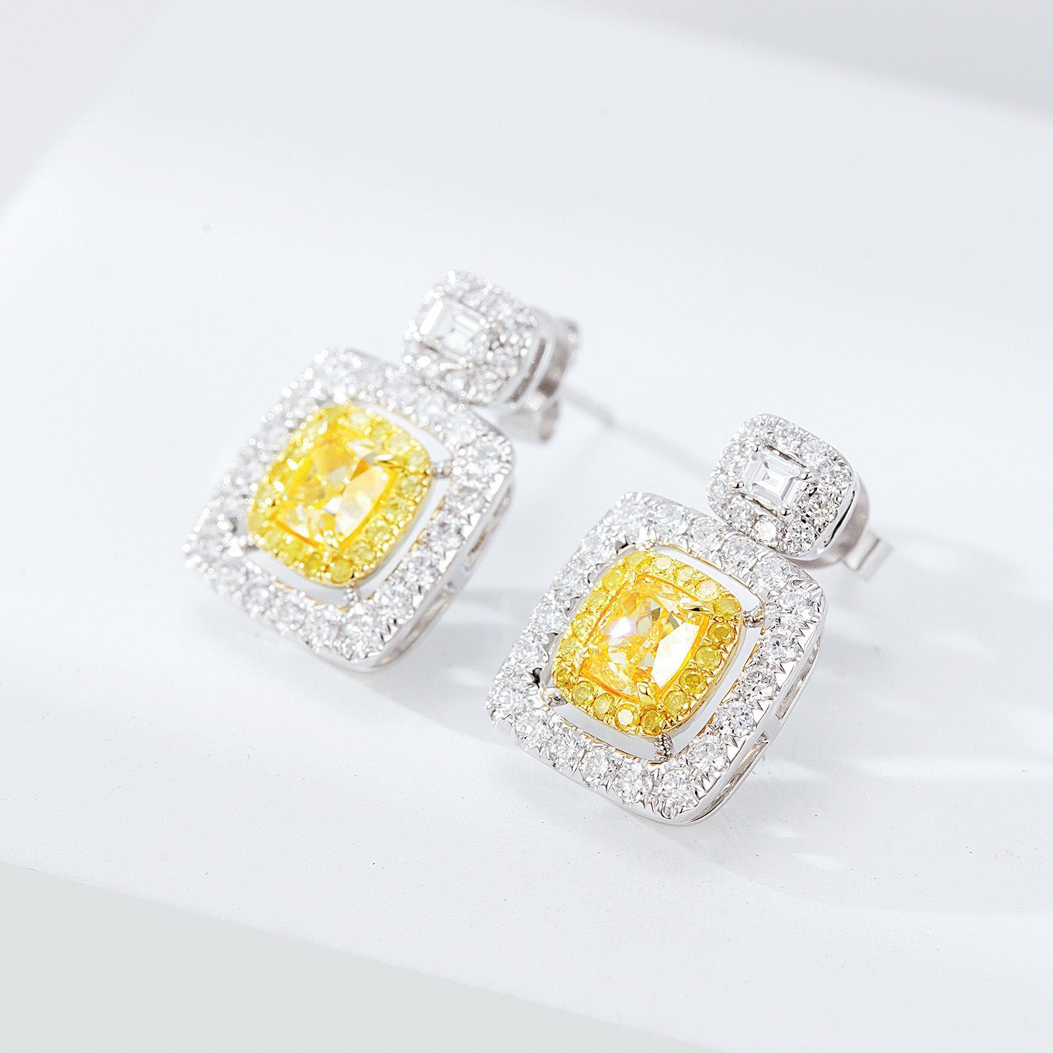 Cushion Cut Yellow Diamond Drop Earrings in White Gold -Top View