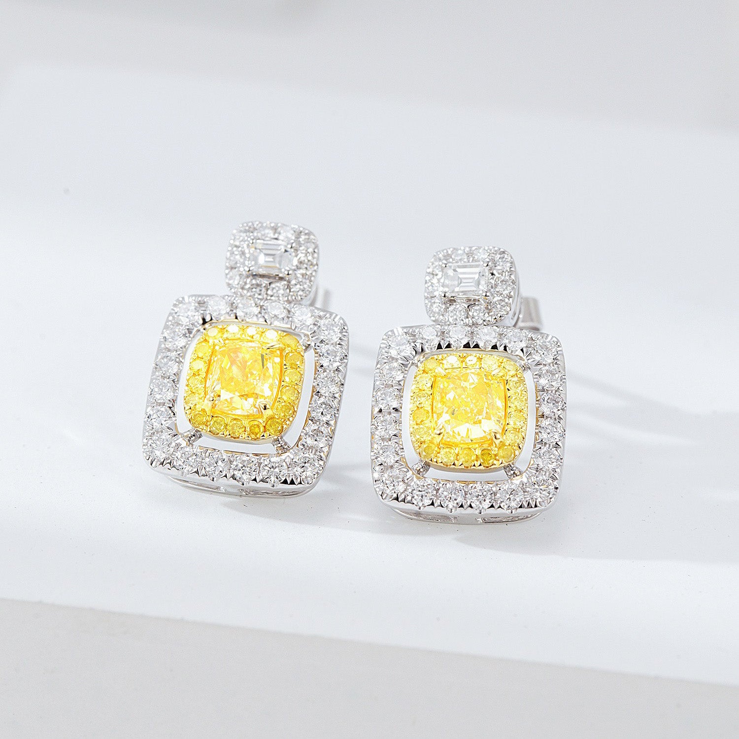 Cushion Cut Yellow Diamond Drop Earrings in White Gold -Side Angle