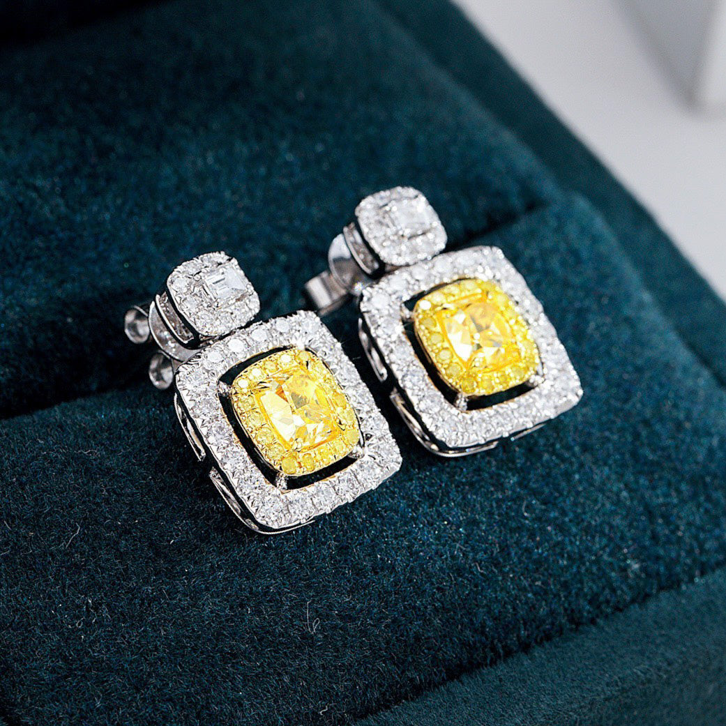 Cushion Cut Yellow Diamond Drop Earrings in White Gold -Perspective Close-up