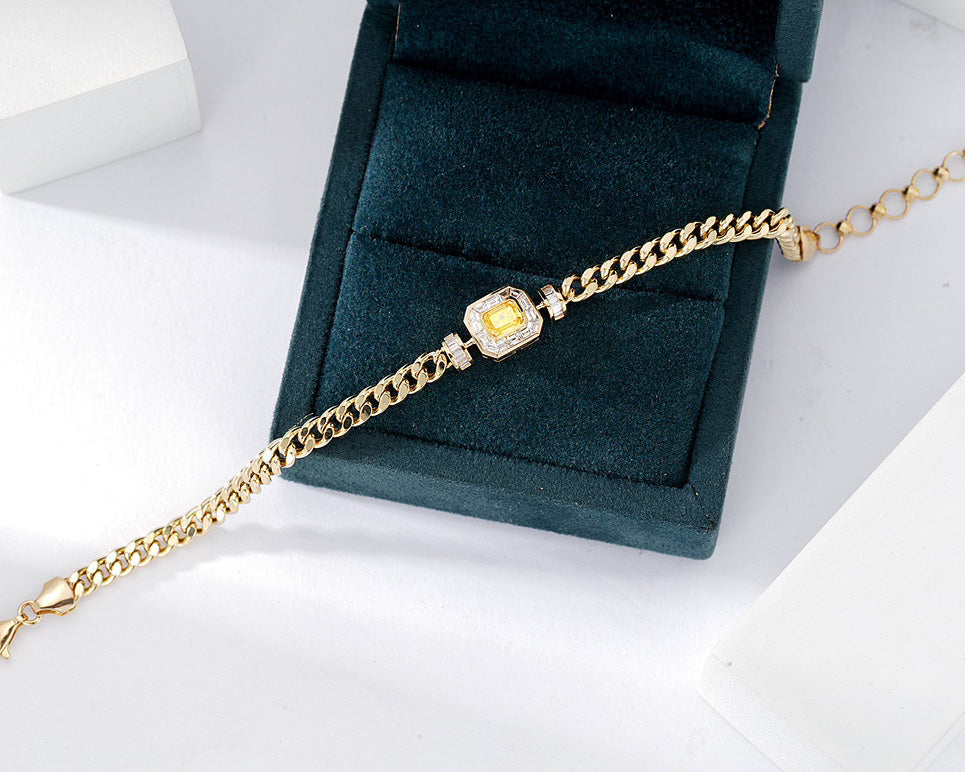 Cushion Cut Yellow Diamond Miami Cuban Bracelet in 18K Yellow Gold -Perspective Close-up