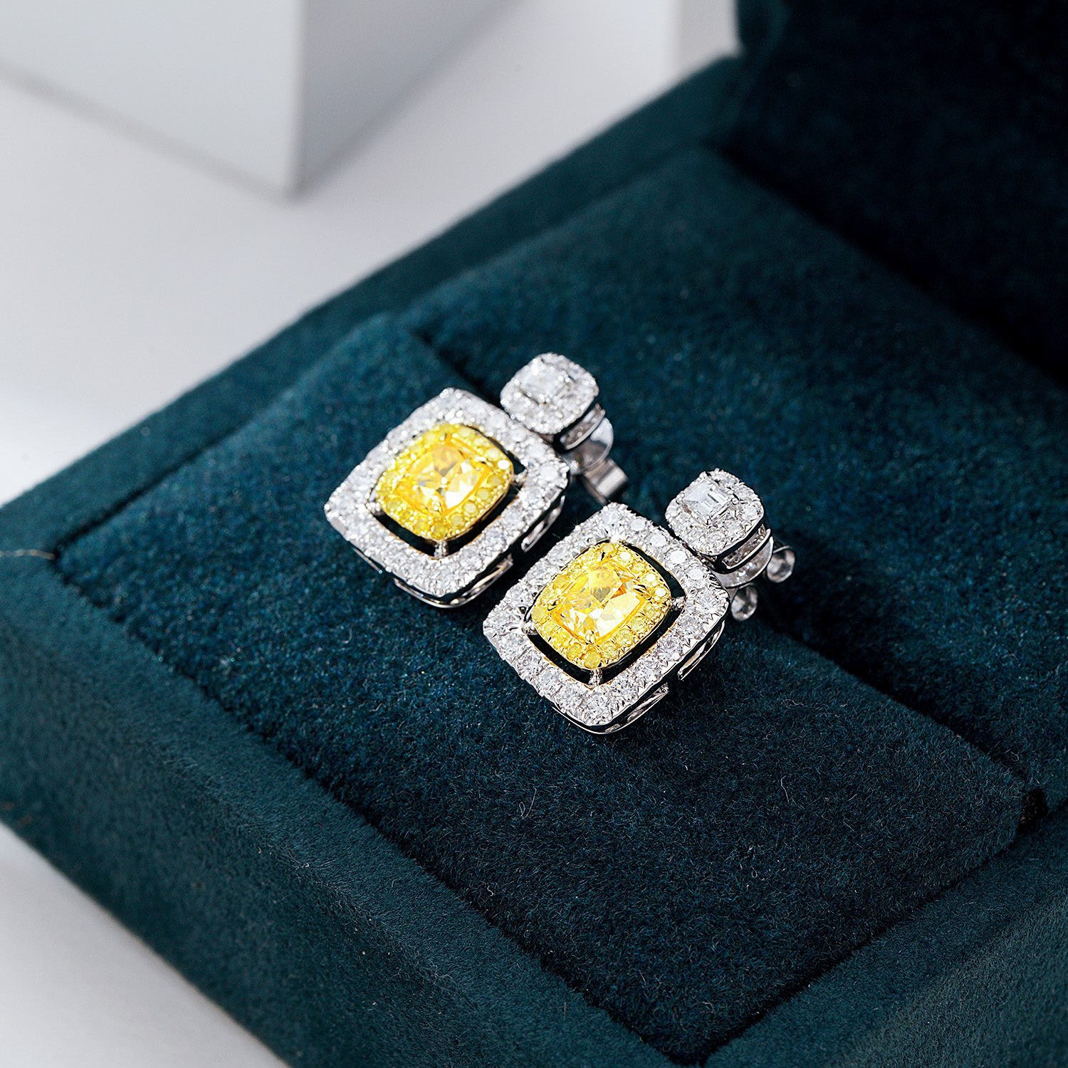 Cushion Cut Yellow Diamond Drop Earrings in White Gold -In-Box Display