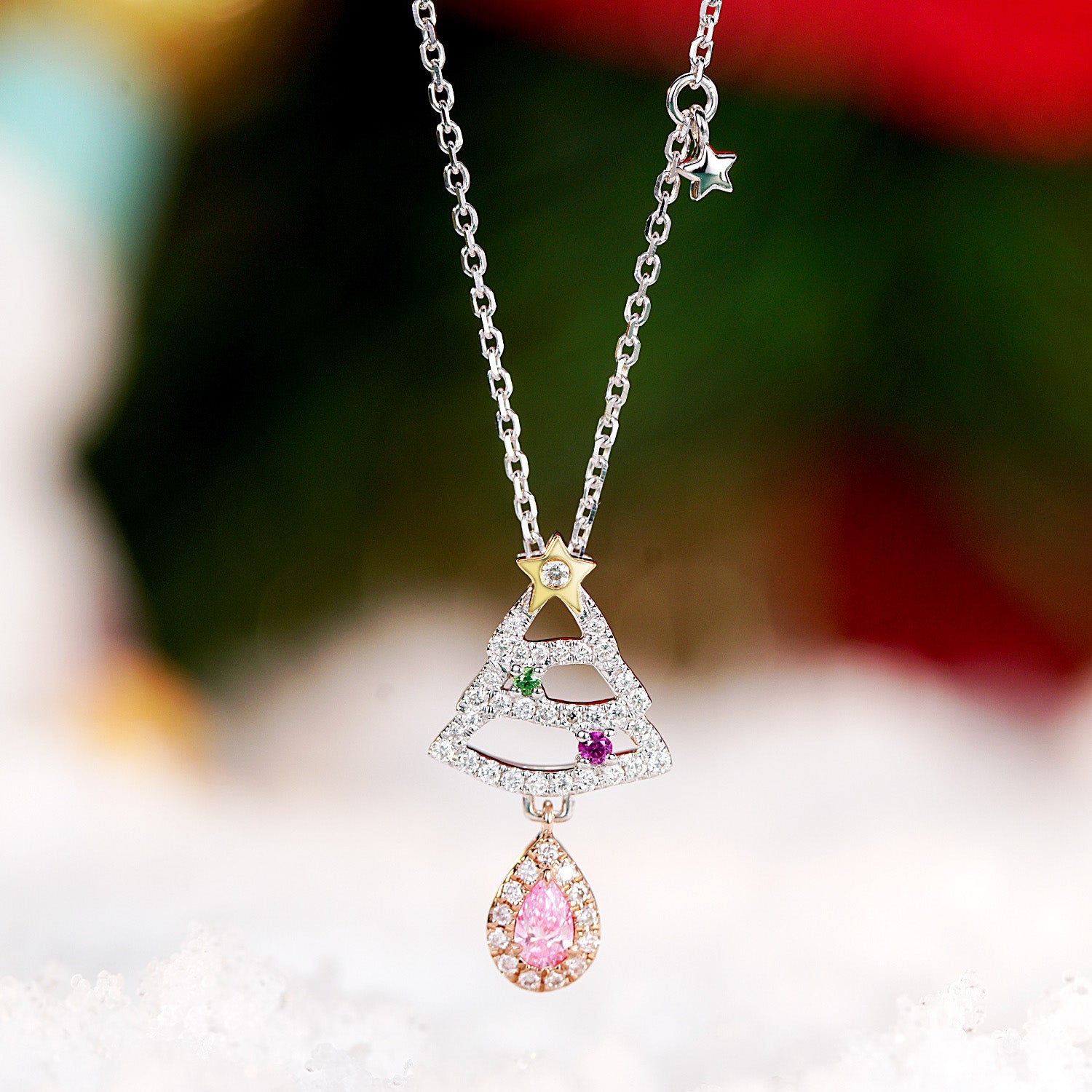 Christmas Pink Diamond Christmas Tree Pendant in White 18K Gold -Front View