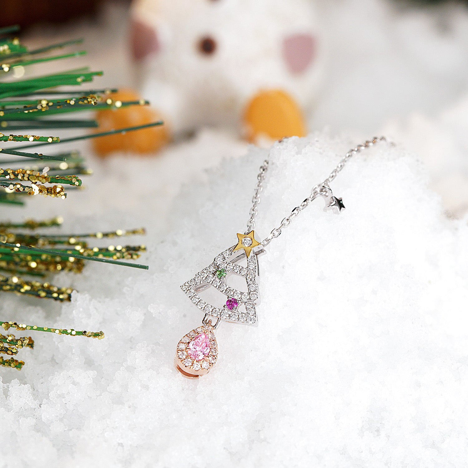 Christmas Pink Diamond Christmas Tree Pendant in White 18K Gold -Side Angle