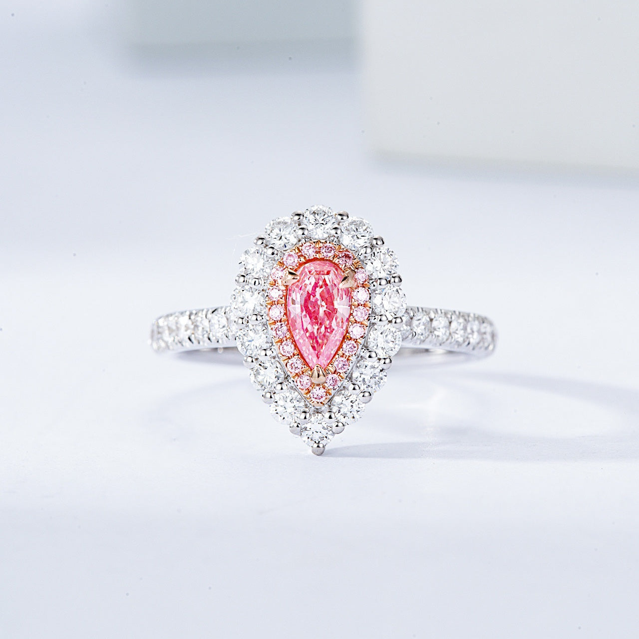 Pear Shaped Pink Diamond Halo Engagement  Ring with Pavé Setting -Front View