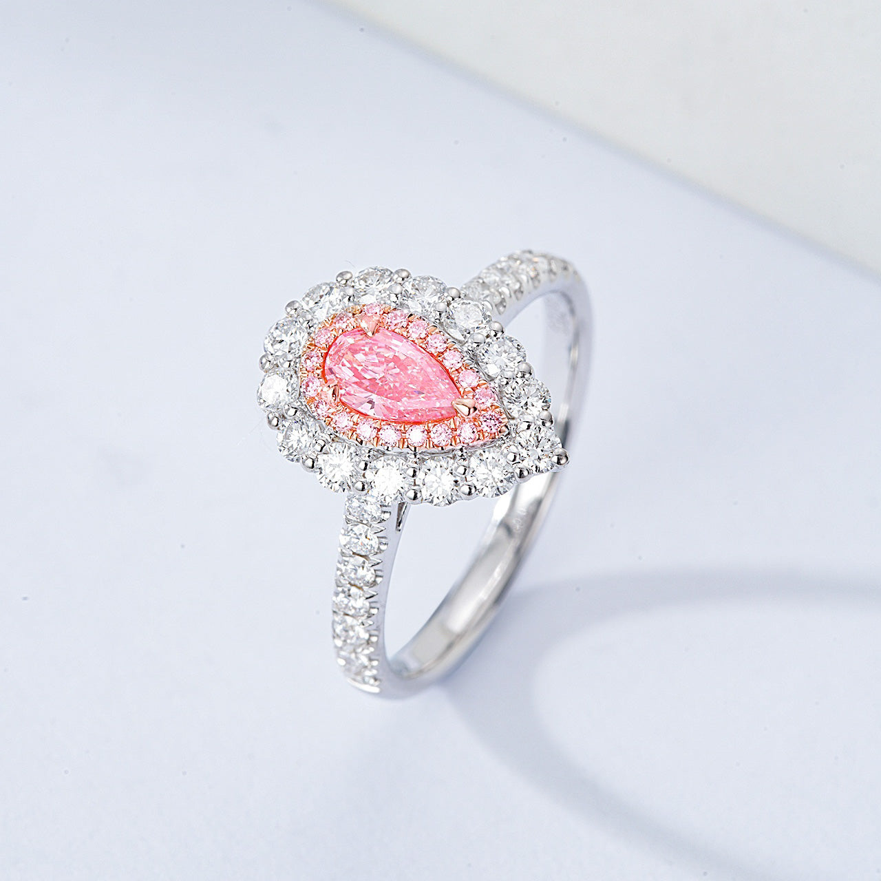 Pear Shaped Pink Diamond Halo Engagement  Ring with Pavé Setting -Side Angle