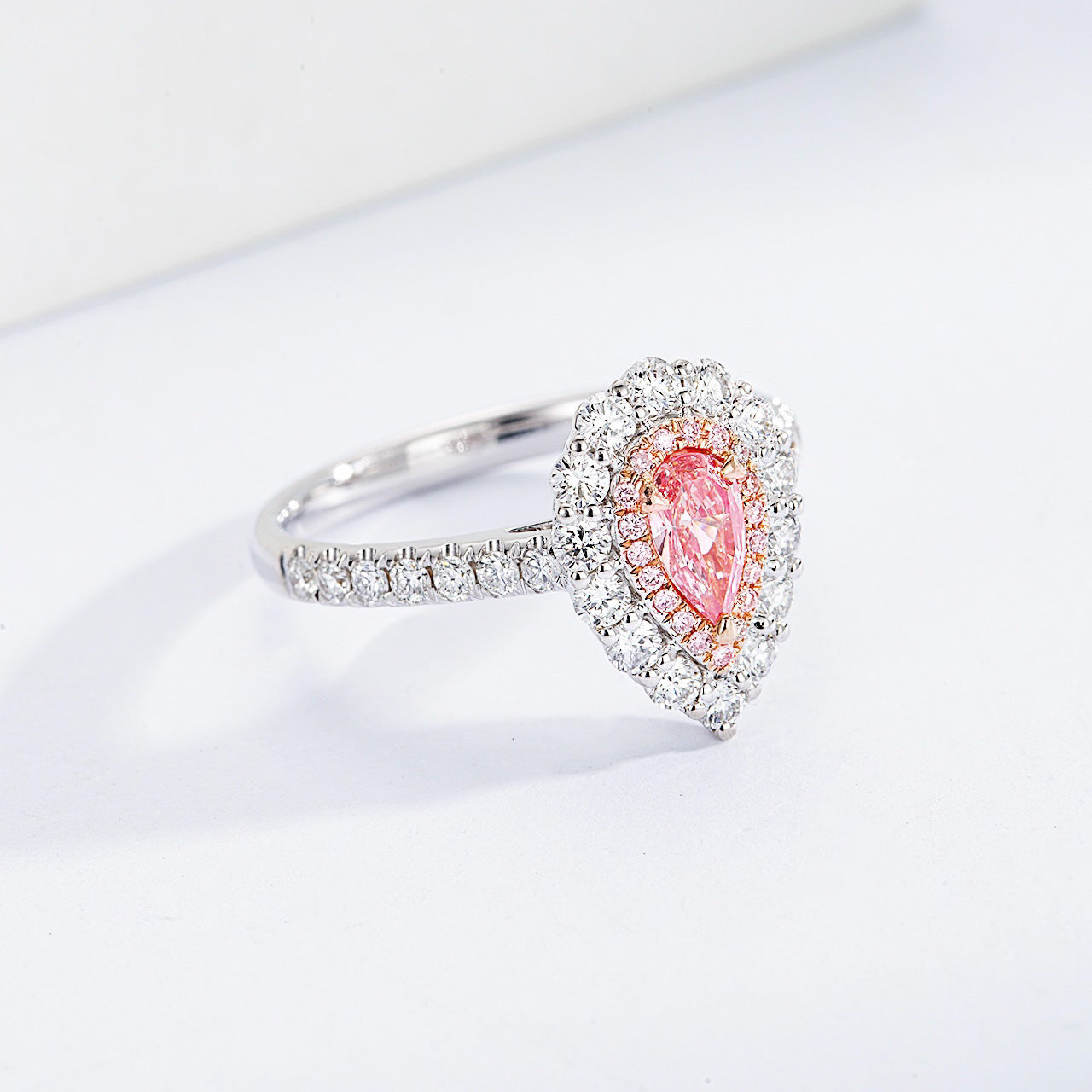 Pear Shaped Pink Diamond Halo Engagement  Ring with Pavé Setting -Top View