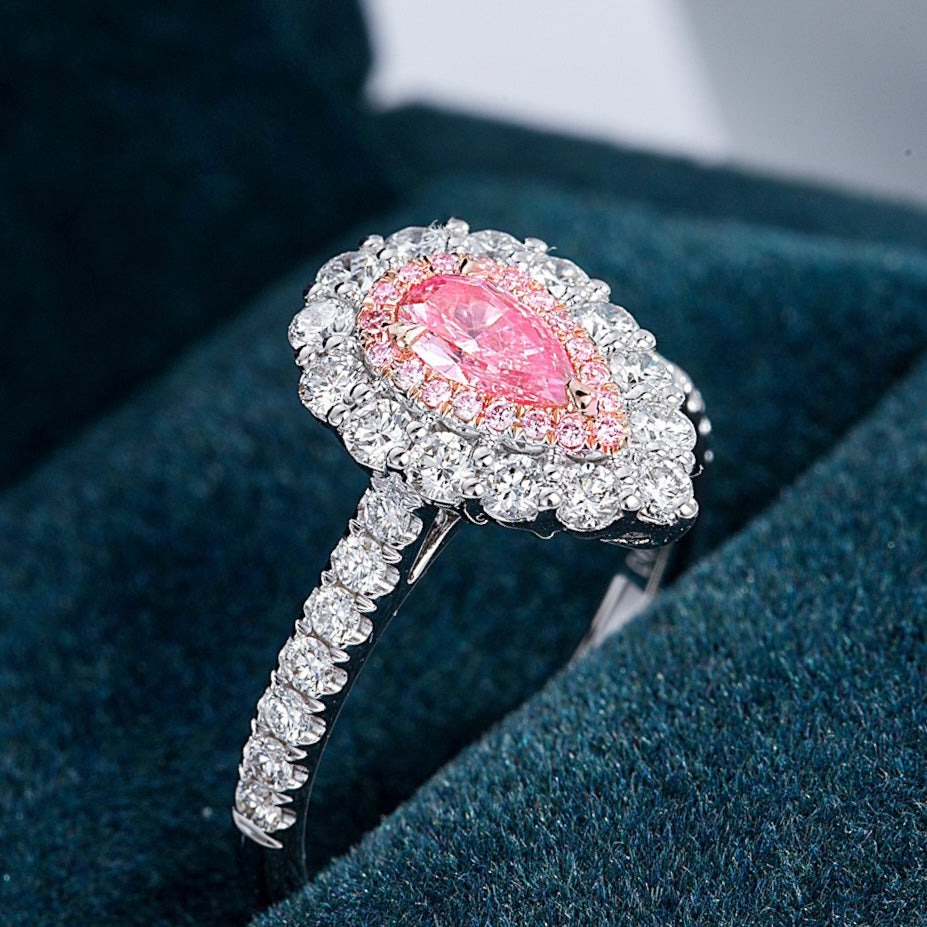 Pear Shaped Pink Diamond Halo Engagement  Ring with Pavé Setting -Perspective Close-up