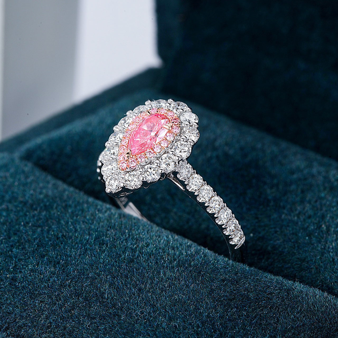 Pear Shaped Pink Diamond Halo Engagement  Ring with Pavé Setting -In-Box Display