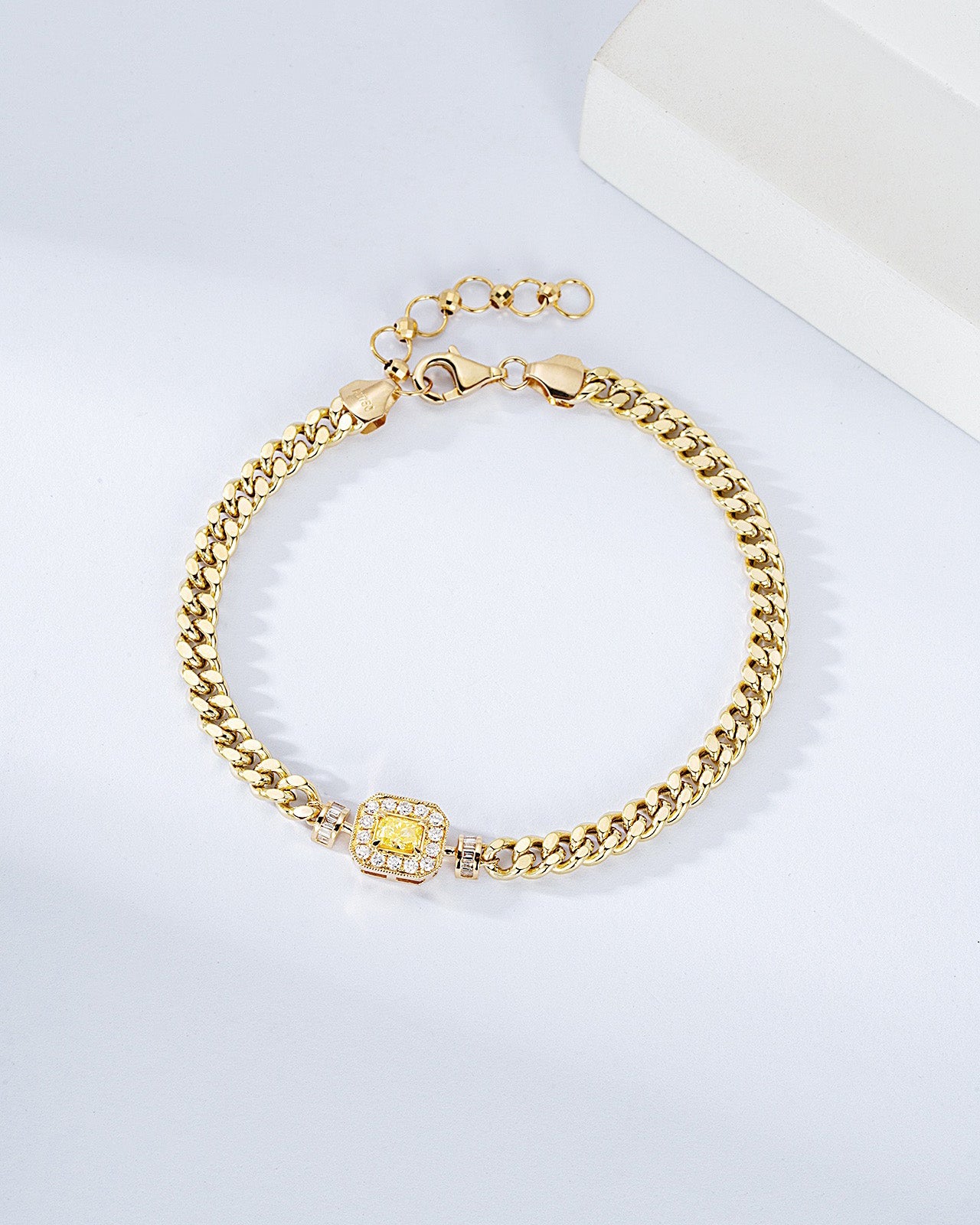 Cushion Cut Yellow Diamond Miami Cuban Bracelet in 18K Yellow Gold -Front View