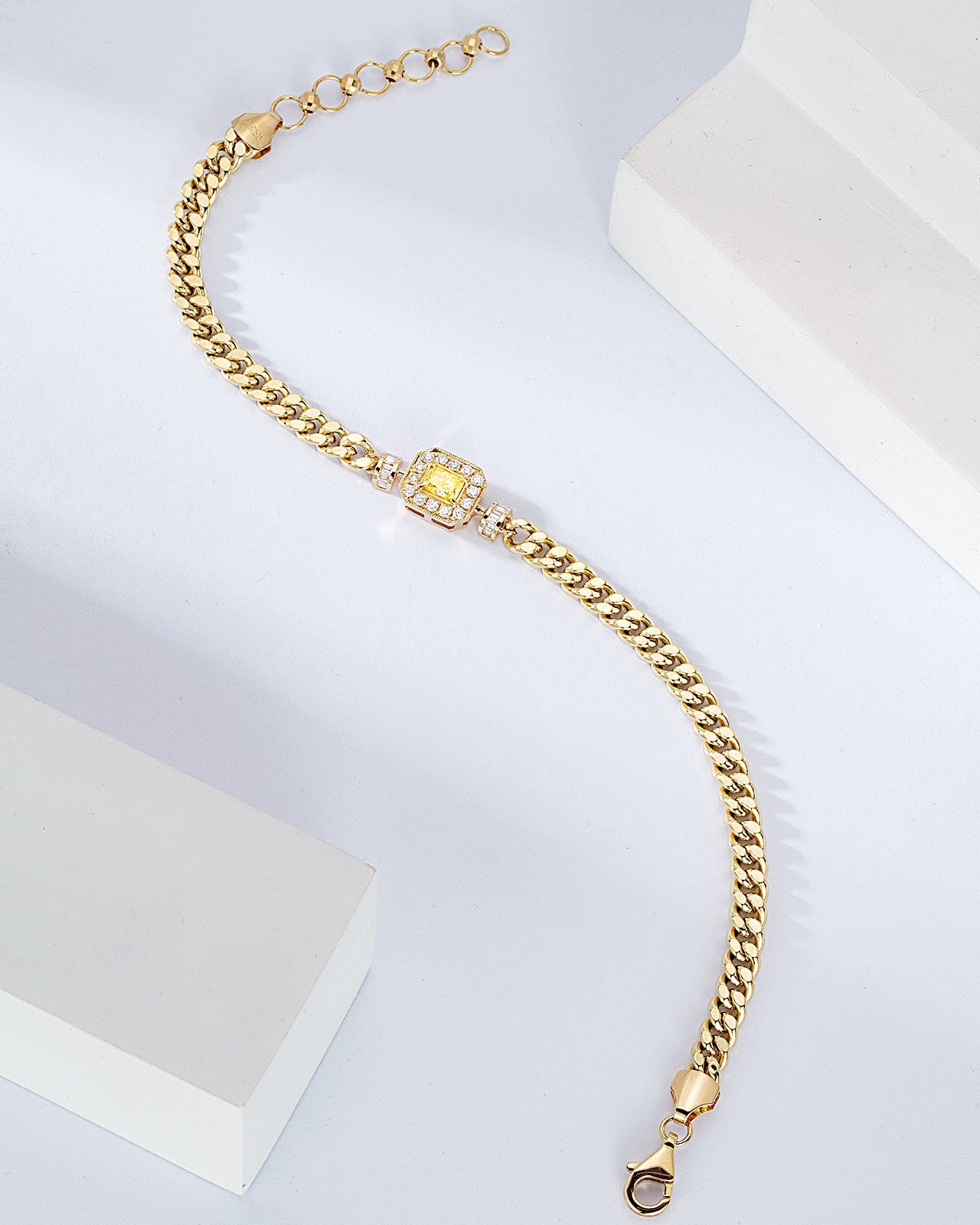 Cushion Cut Yellow Diamond Miami Cuban Bracelet in 18K Yellow Gold -Side Angle