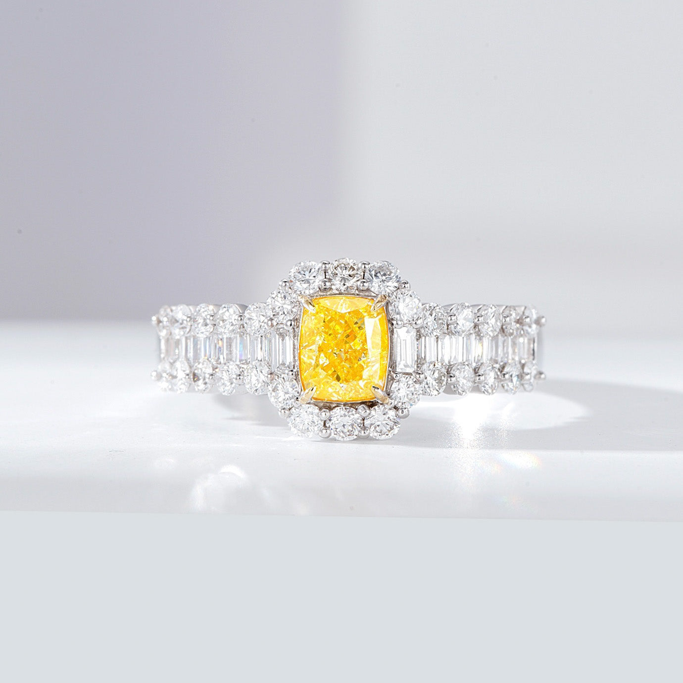 Cushion Cut Yellow Diamond Engagement Ring with Baguette and Round Diamond Band -Front View