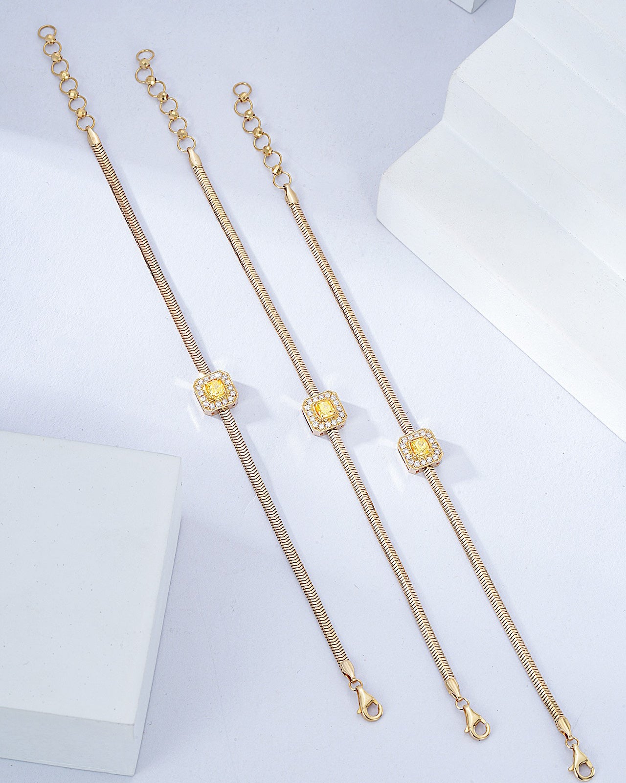 Cushion Cut Yellow Diaond Snake Chain Bracelets in 18K Yellow Gold -Side Angle