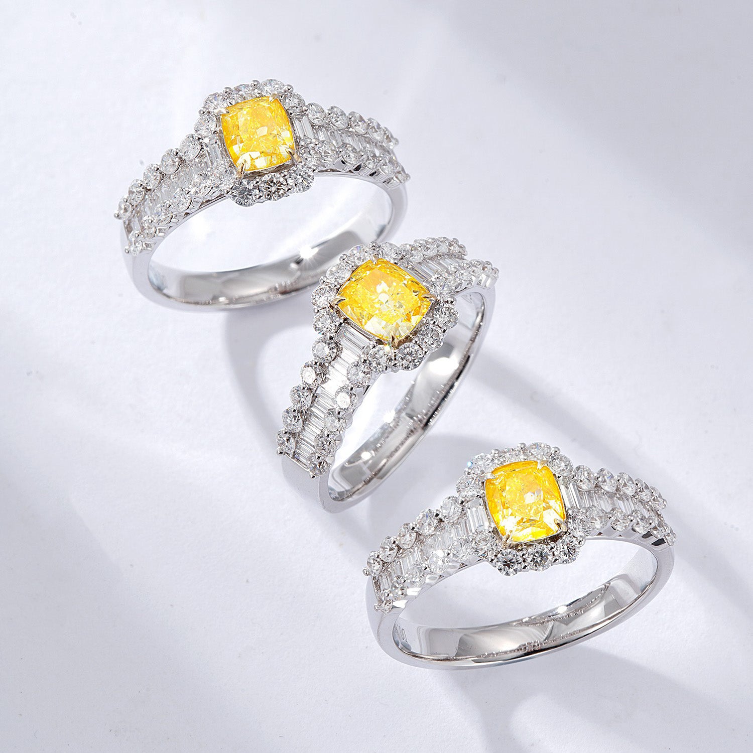 Cushion Cut Yellow Diamond Engagement Ring with Baguette and Round Diamond Band -Side Angle