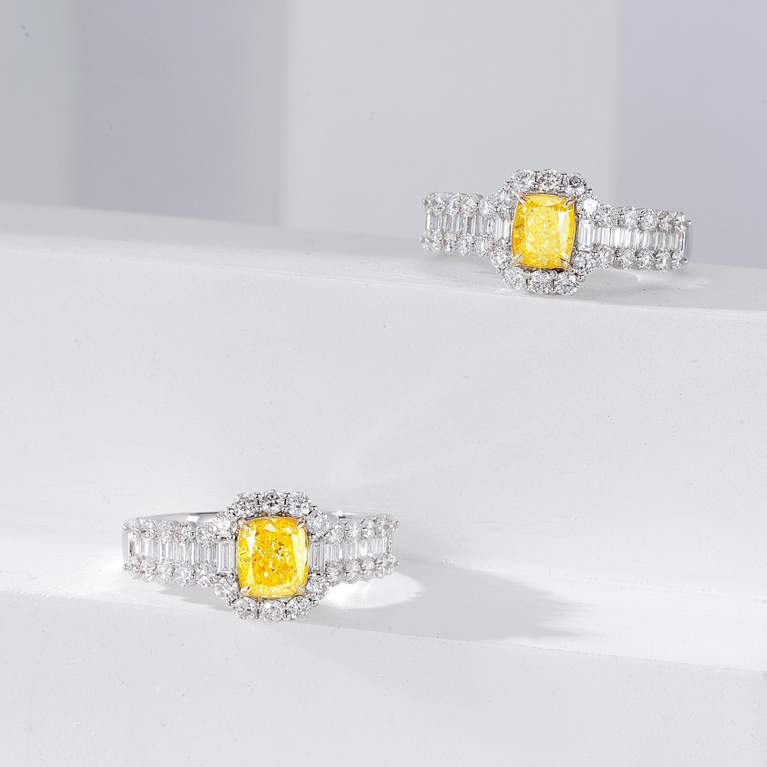 Cushion Cut Yellow Diamond Engagement Ring with Baguette and Round Diamond Band -Top View