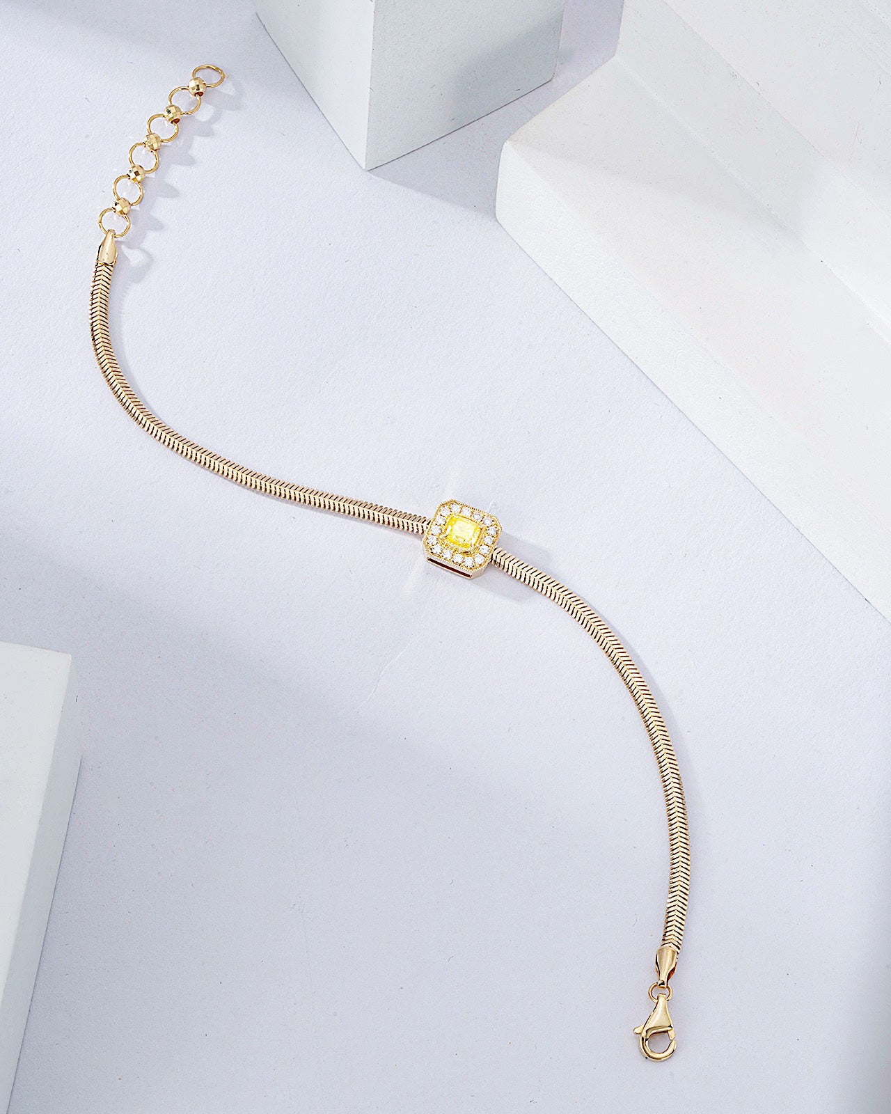 Cushion Cut Yellow Diaond Snake Chain Bracelets in 18K Yellow Gold -Top View