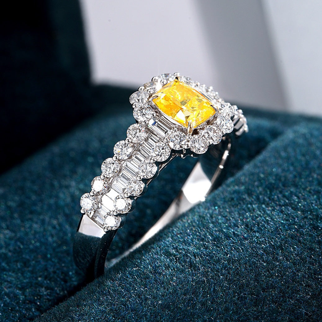 Cushion Cut Yellow Diamond Engagement Ring with Baguette and Round Diamond Band -Perspective Close-up