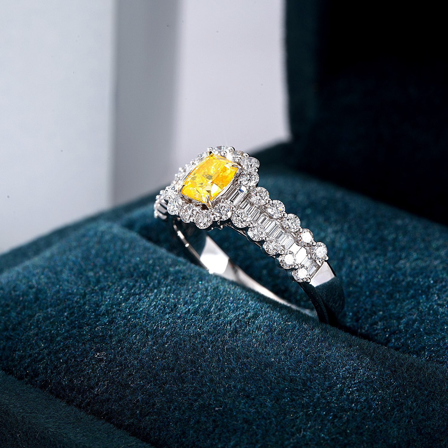 Cushion Cut Yellow Diamond Engagement Ring with Baguette and Round Diamond Band -In-Box Display