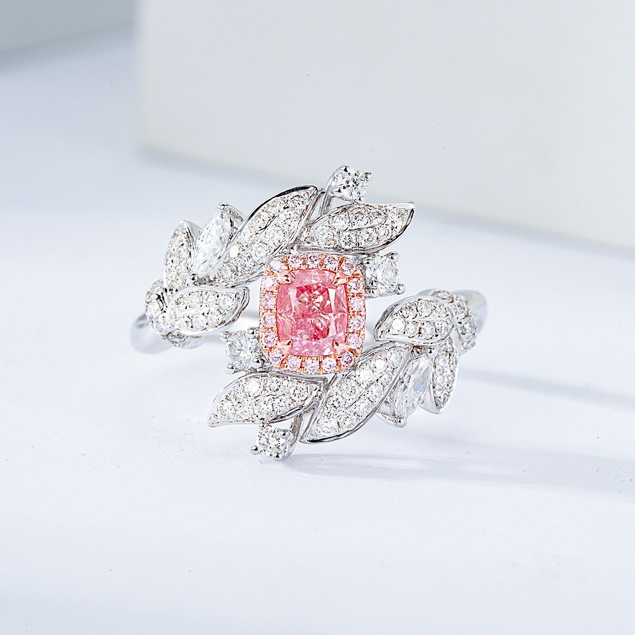 Cushion Cut Pink Diamond Nature Inspired Engagement Ring with Leaf Motif -Front View