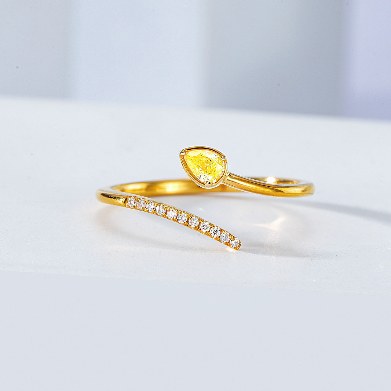 Pear Shaped Yellow Diamond Serpentine Design Ring -Front View