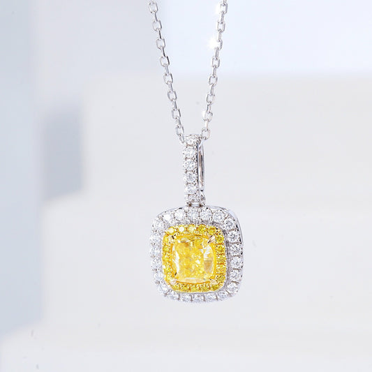 Cushion Cut Yellow Diamond Halo Pendant in 18K White Gold