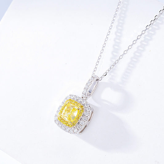 Cushion Cut Yellow Diamond Halo Pendant in 18K White Gold