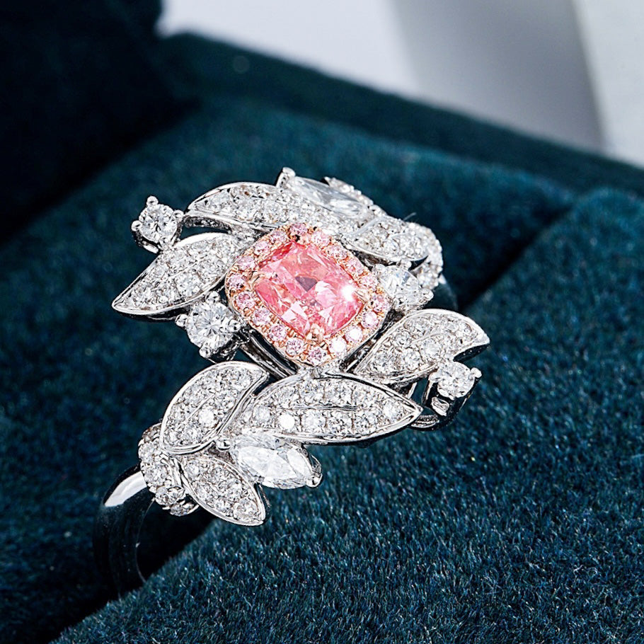 Cushion Cut Pink Diamond Nature Inspired Engagement Ring with Leaf Motif -Perspective Close-up