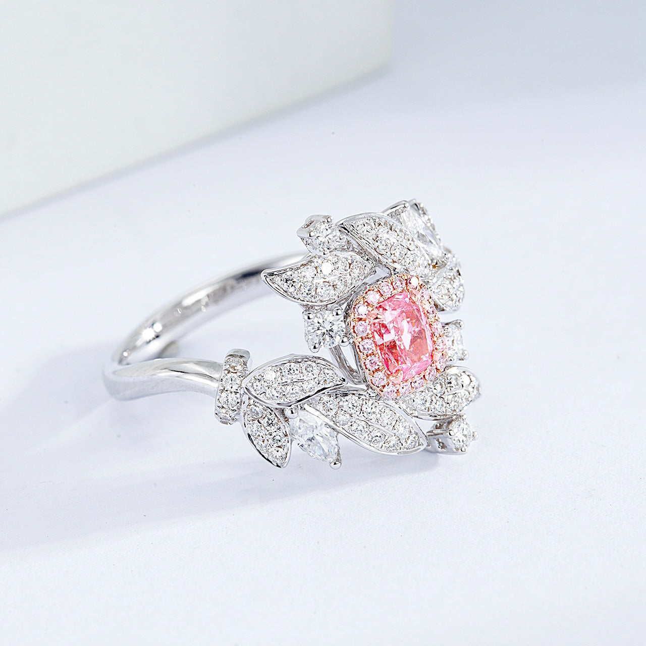 Cushion Cut Pink Diamond Nature Inspired Engagement Ring with Leaf Motif -Side Angle