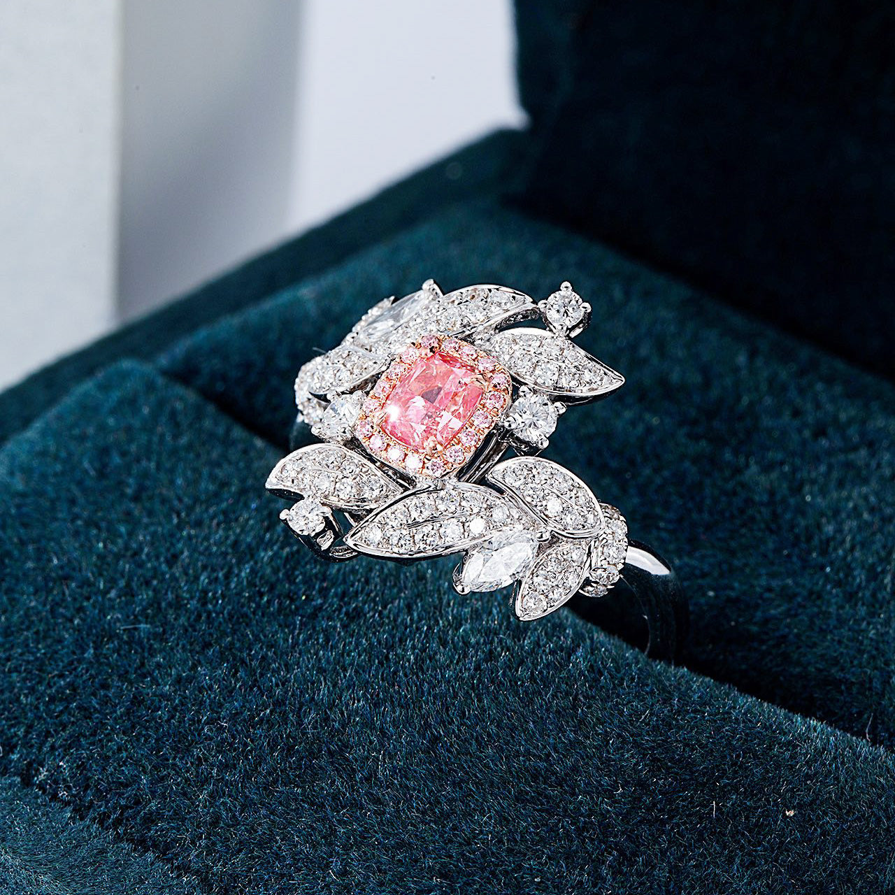 Cushion Cut Pink Diamond Nature Inspired Engagement Ring with Leaf Motif -In-Box Display