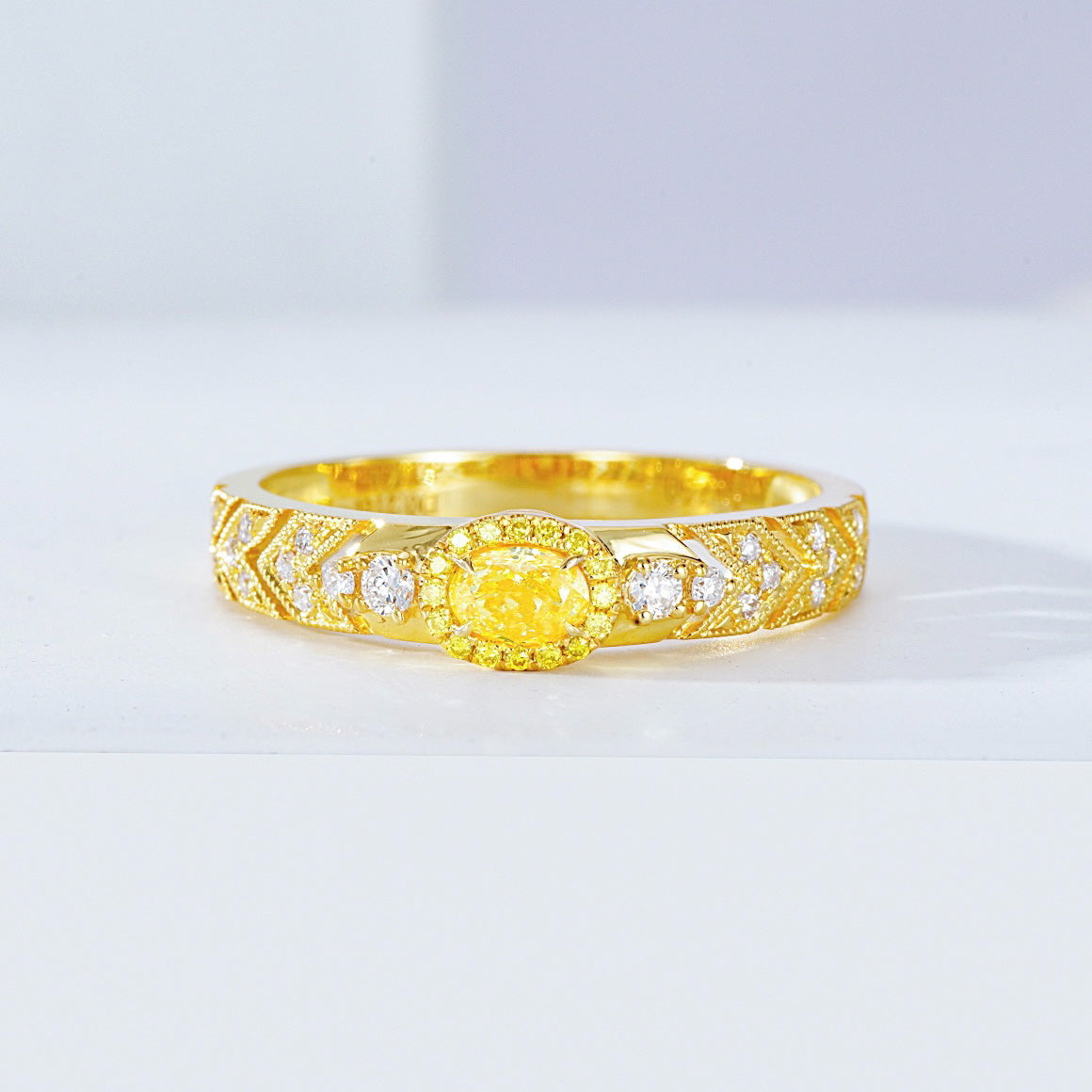 Oval Cut Yellow Diamond Vintage Ring in Yellow Gold -Front View