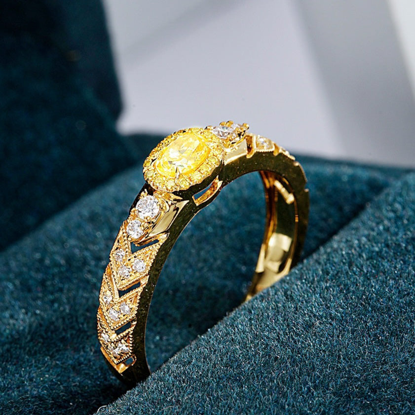 Oval Cut Yellow Diamond Vintage Ring in Yellow Gold -Perspective Close-up