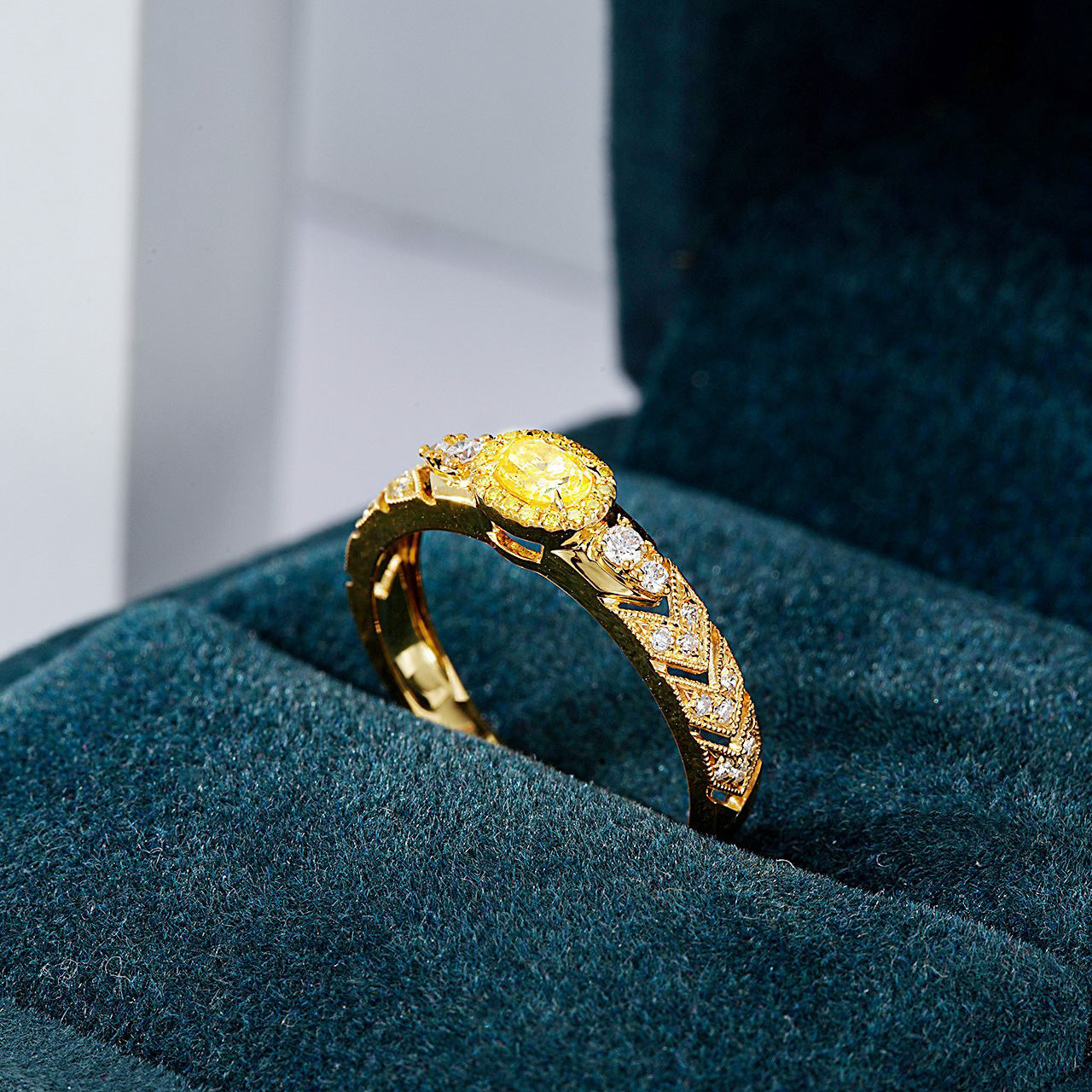 Oval Cut Yellow Diamond Vintage Ring in Yellow Gold -In-Box Display