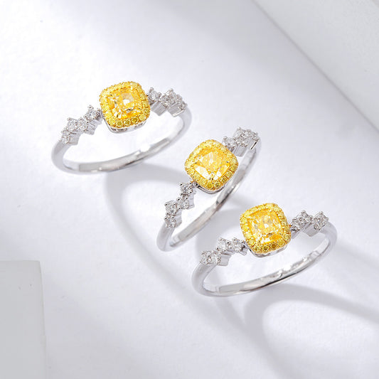 Cushion Cut Yellow Diamond Ring with Unique Side Diamond Design