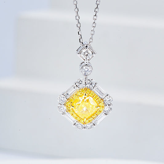 Cushion Cut Yellow Diamond Halo Pendant in 18K White Gold