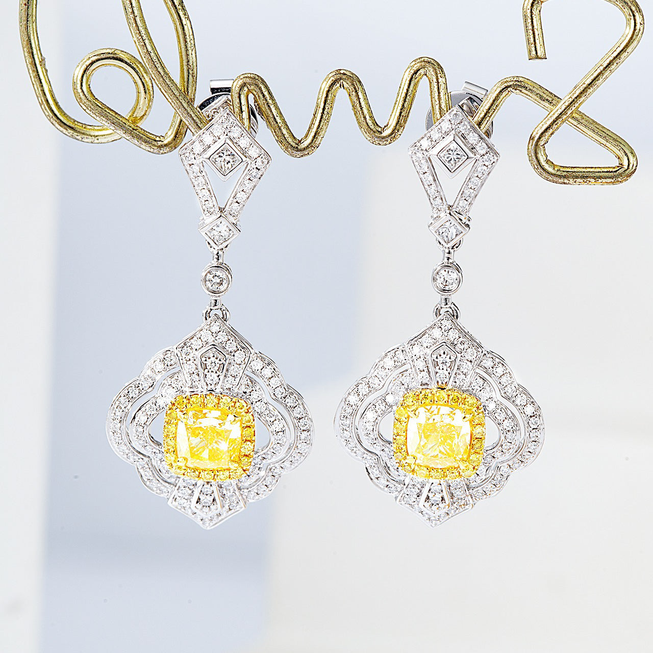 Cushion Cut Yellow Diamond Drop Earrings in White Gold -Front View