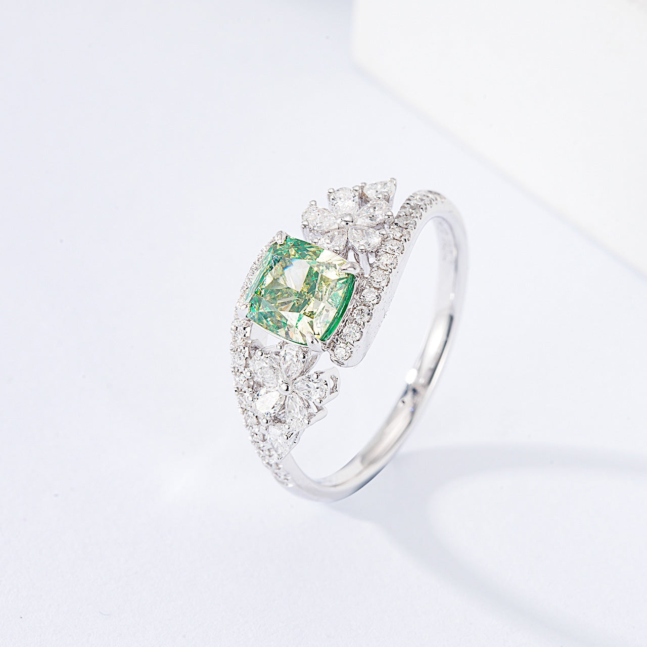 Cushion Cut Green Diamond Engagement Ring with Pavé Setting -Side Angle