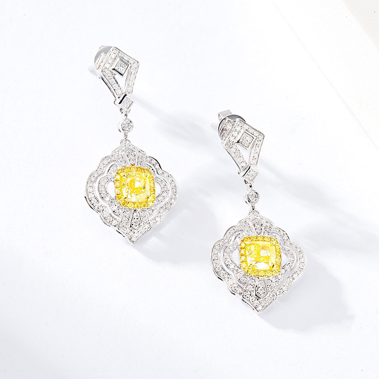 Cushion Cut Yellow Diamond Drop Earrings in White Gold -Side Angle