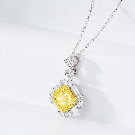 Cushion Cut Yellow Diamond Halo Pendant in 18K White Gold