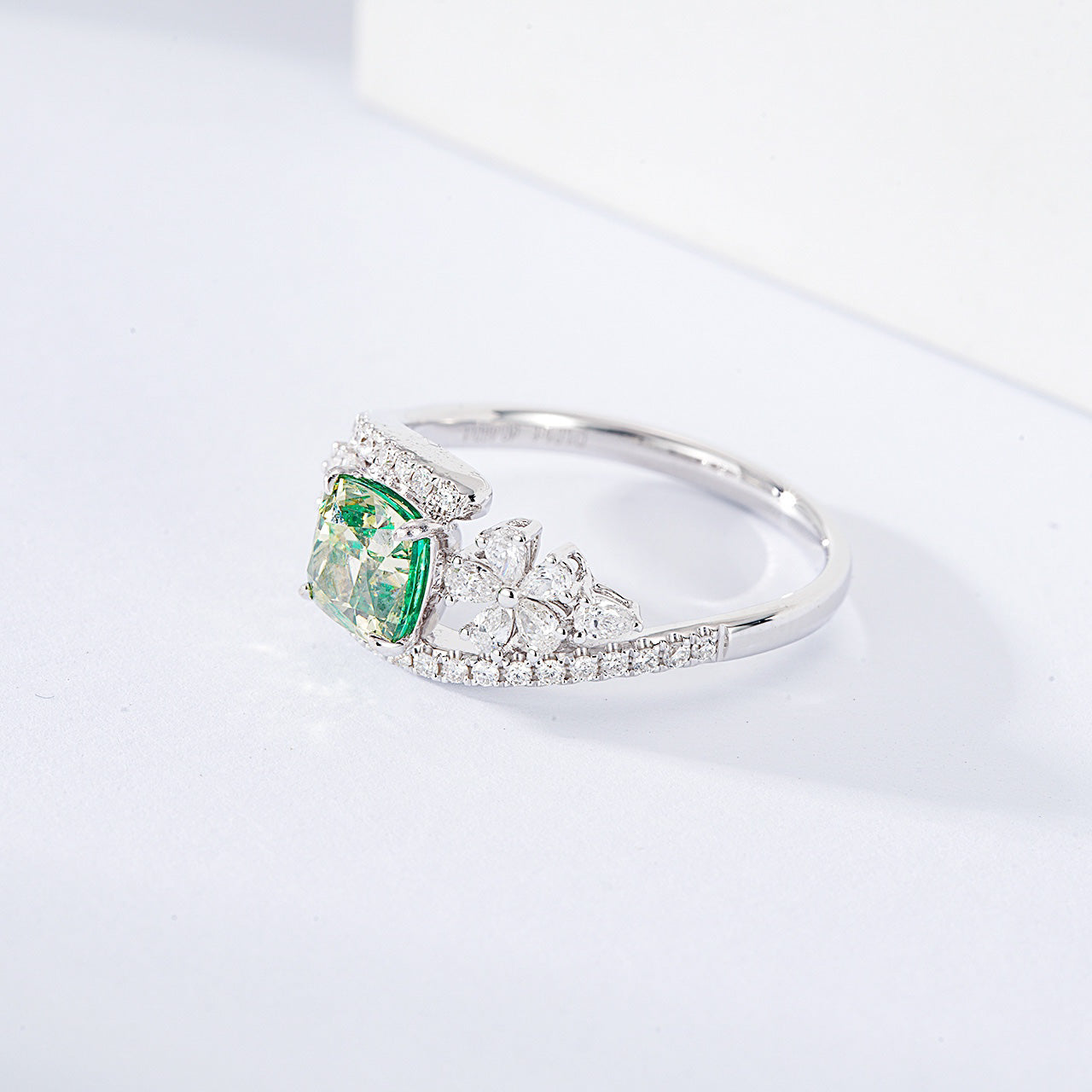 Cushion Cut Green Diamond Engagement Ring with Pavé Setting -Top View