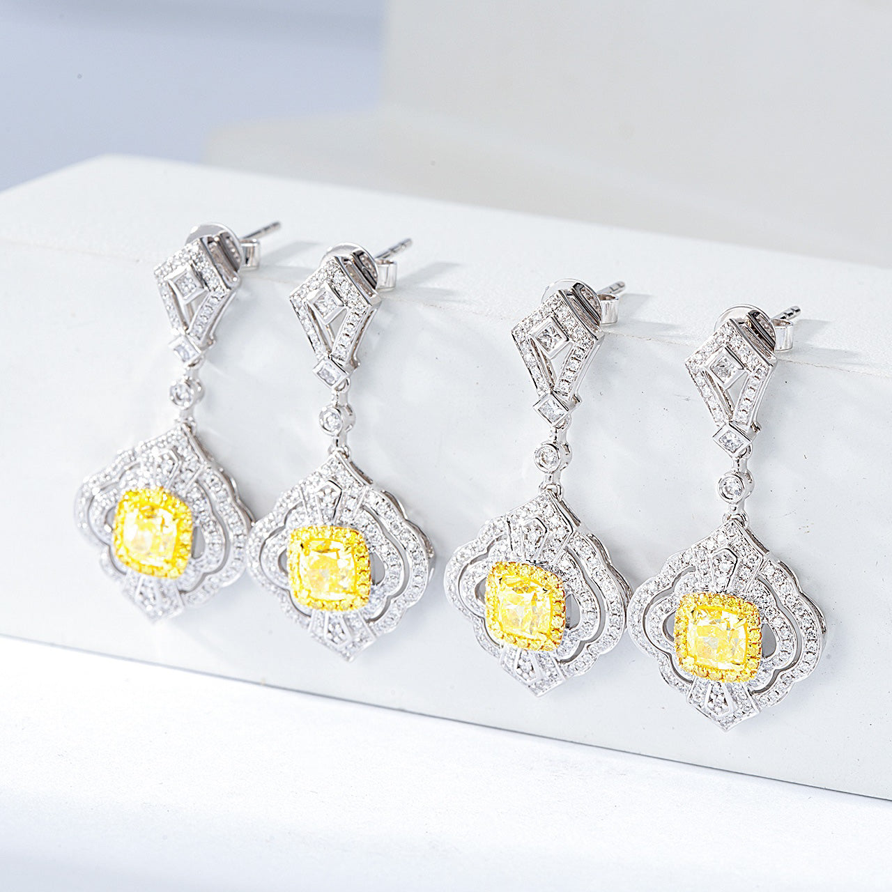 Cushion Cut Yellow Diamond Drop Earrings in White Gold -Top View