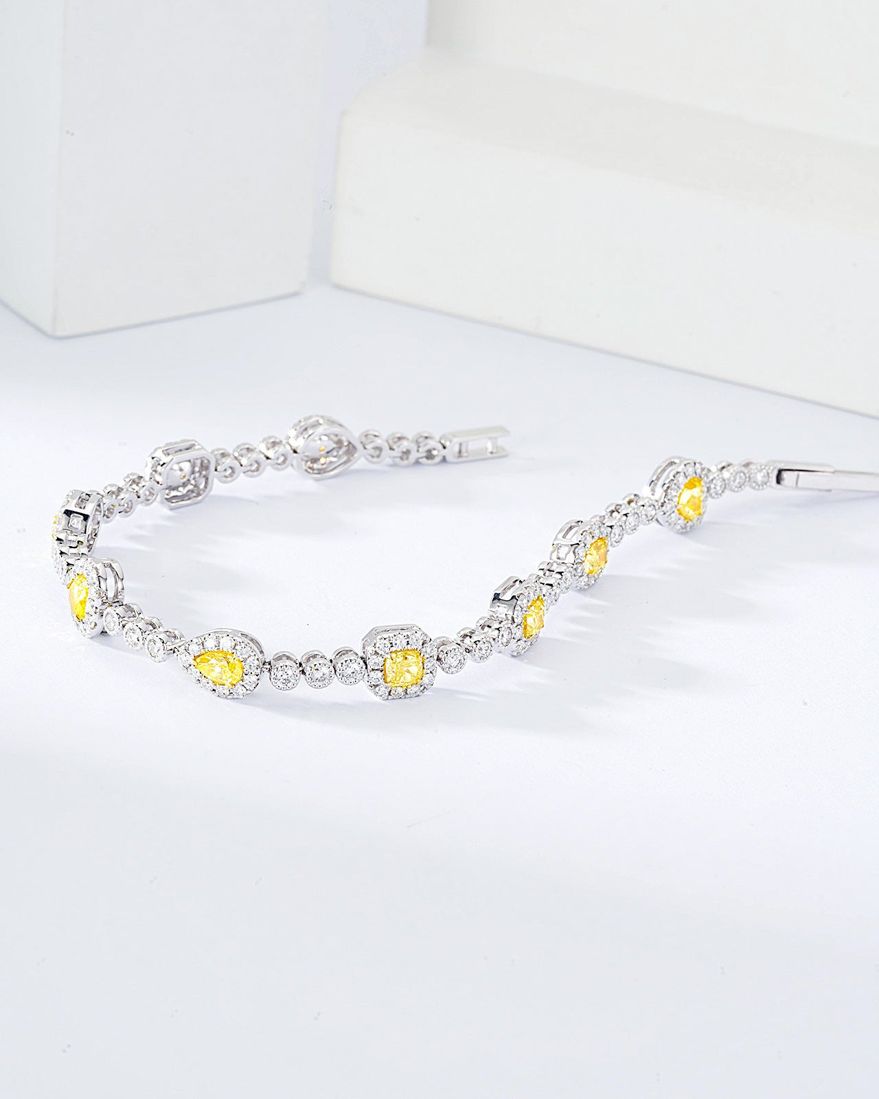 Multi-Shape Yellow Diamond Station Bracelet in 18K White Gold -Side Angle