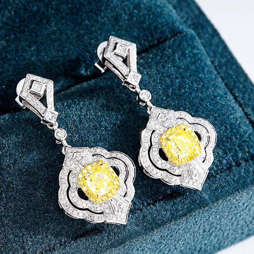 Cushion Cut Yellow Diamond Drop Earrings in White Gold -Perspective Close-up