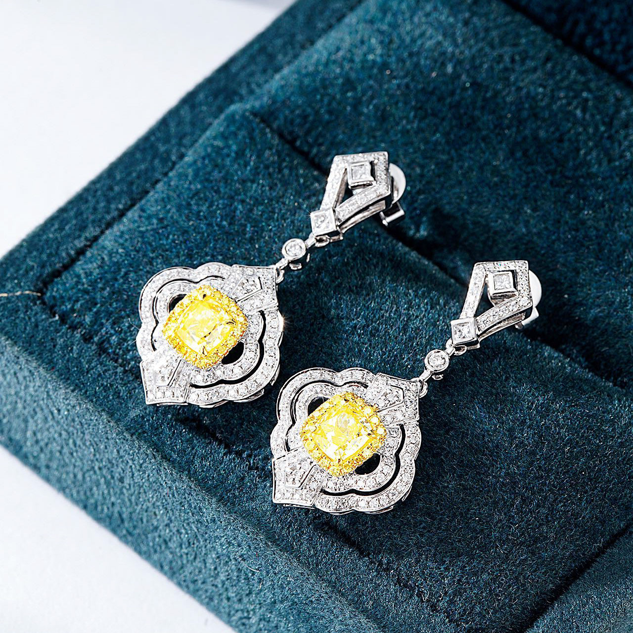 Cushion Cut Yellow Diamond Drop Earrings in White Gold -In-Box Display