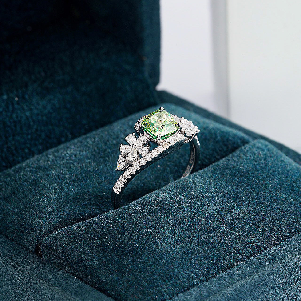 Cushion Cut Green Diamond Engagement Ring with Pavé Setting -Perspective Close-up