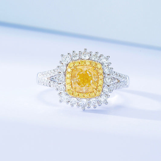 Cushion Cut Yellow Diamond Engagement Ring with Pavé Halo Setting in 18K White Gold