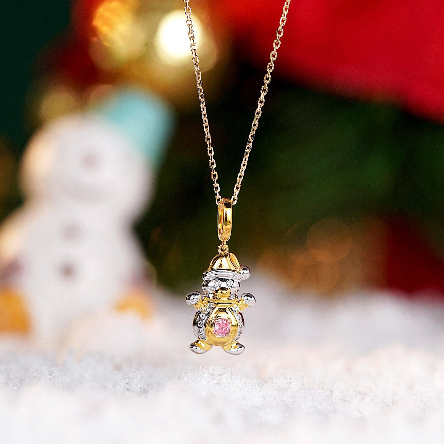 Christmas Pink Diamond Little Snowman Pendant in 18K Gold -Front View