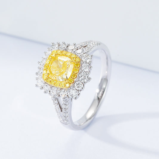 Cushion Cut Yellow Diamond Engagement Ring with Pavé Halo Setting in 18K White Gold