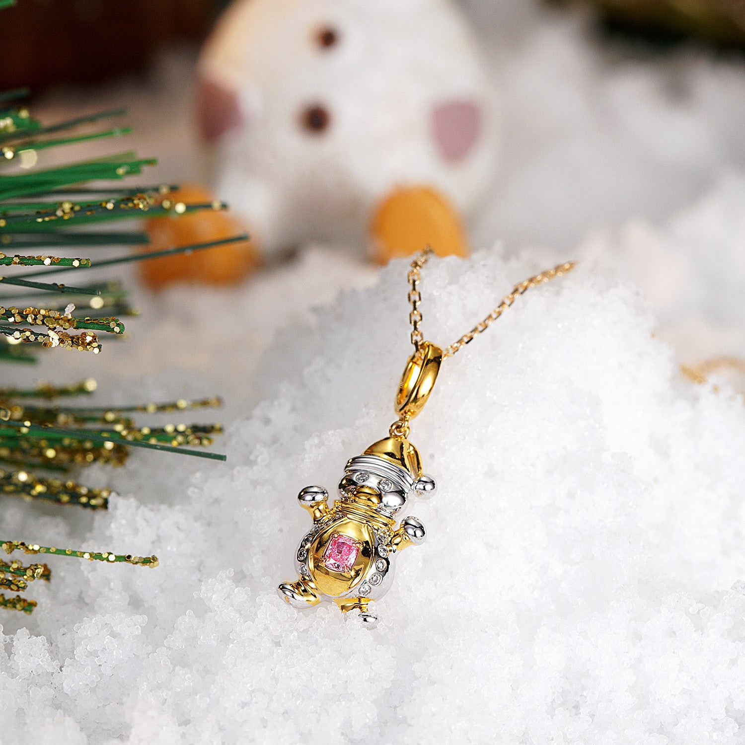 Christmas Pink Diamond Little Snowman Pendant in 18K Gold -Side Angle