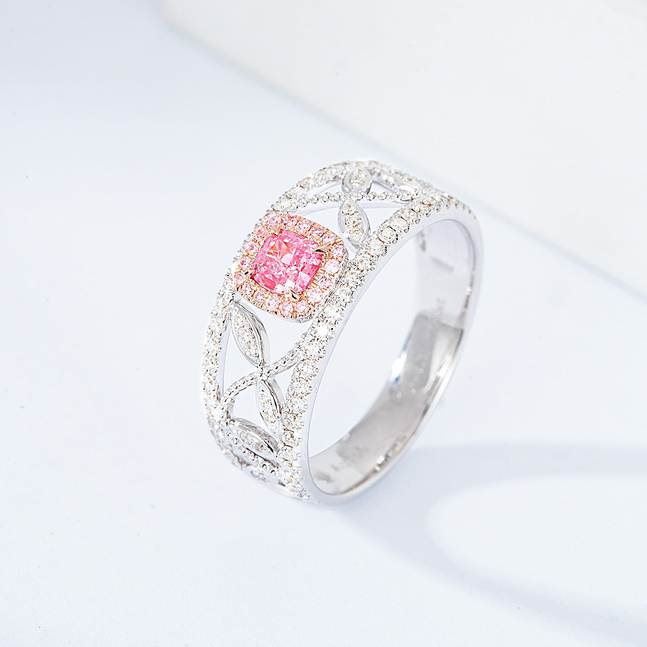 Cushion Cut Pink Diamond Leaf Motif White Gold Ring -Side Angle