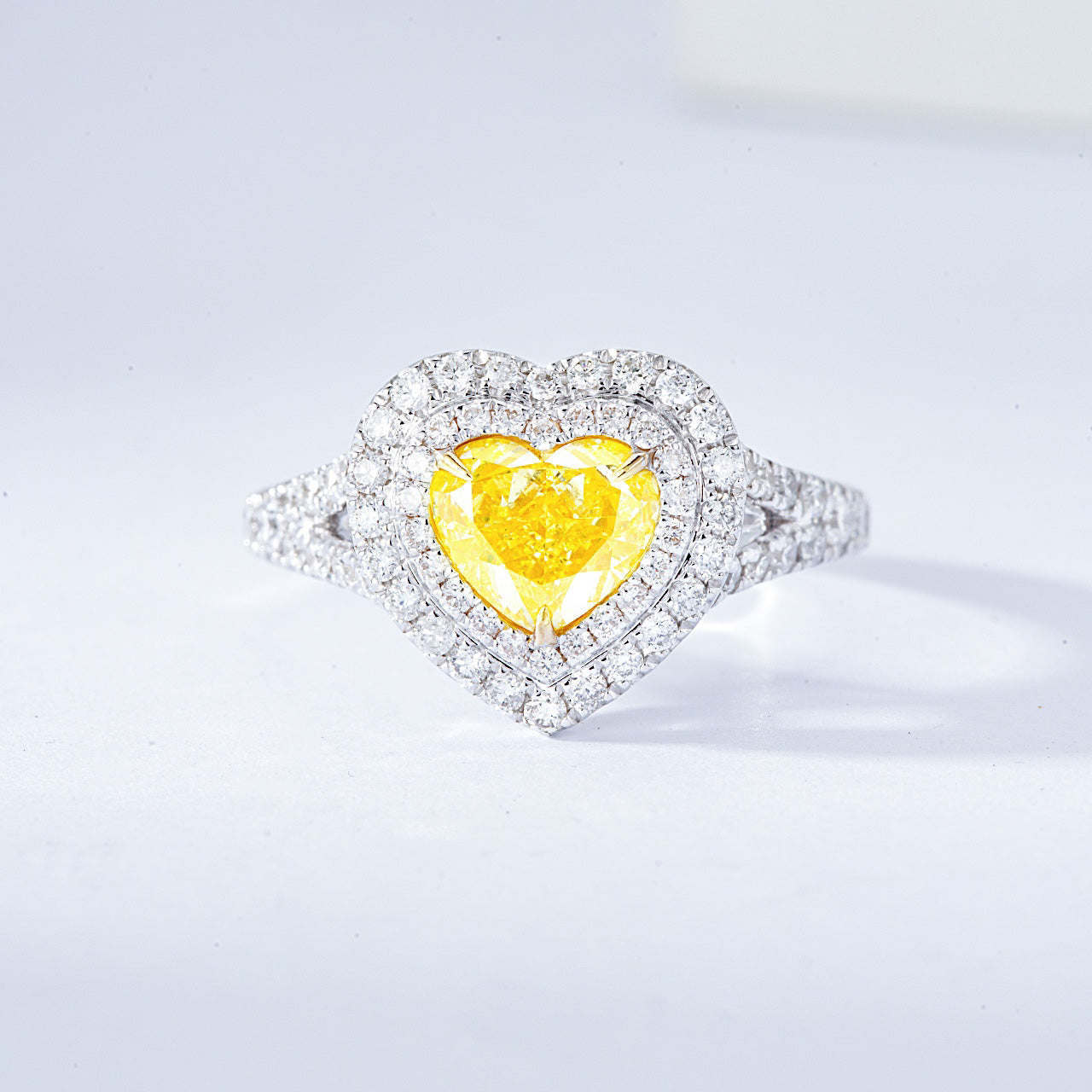 Heart Shaped Yellow Diamond Engagement Ring with Pavé and Halo Setting -Front View